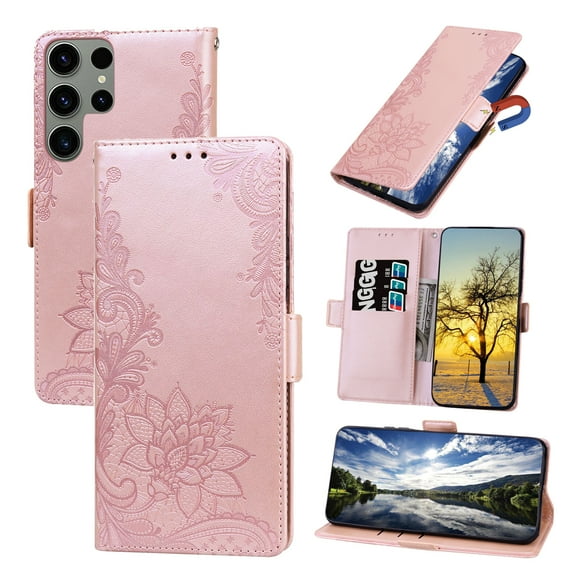 TECH CIRCLE For Galaxy S22 Wallet Case,PU Leather Protective Phone Case Wrist Strap Card Slots Holder Embossed Lace Flower Stand Flip Case for Samsung Galaxy S22 6.1" 2022,Rosegold