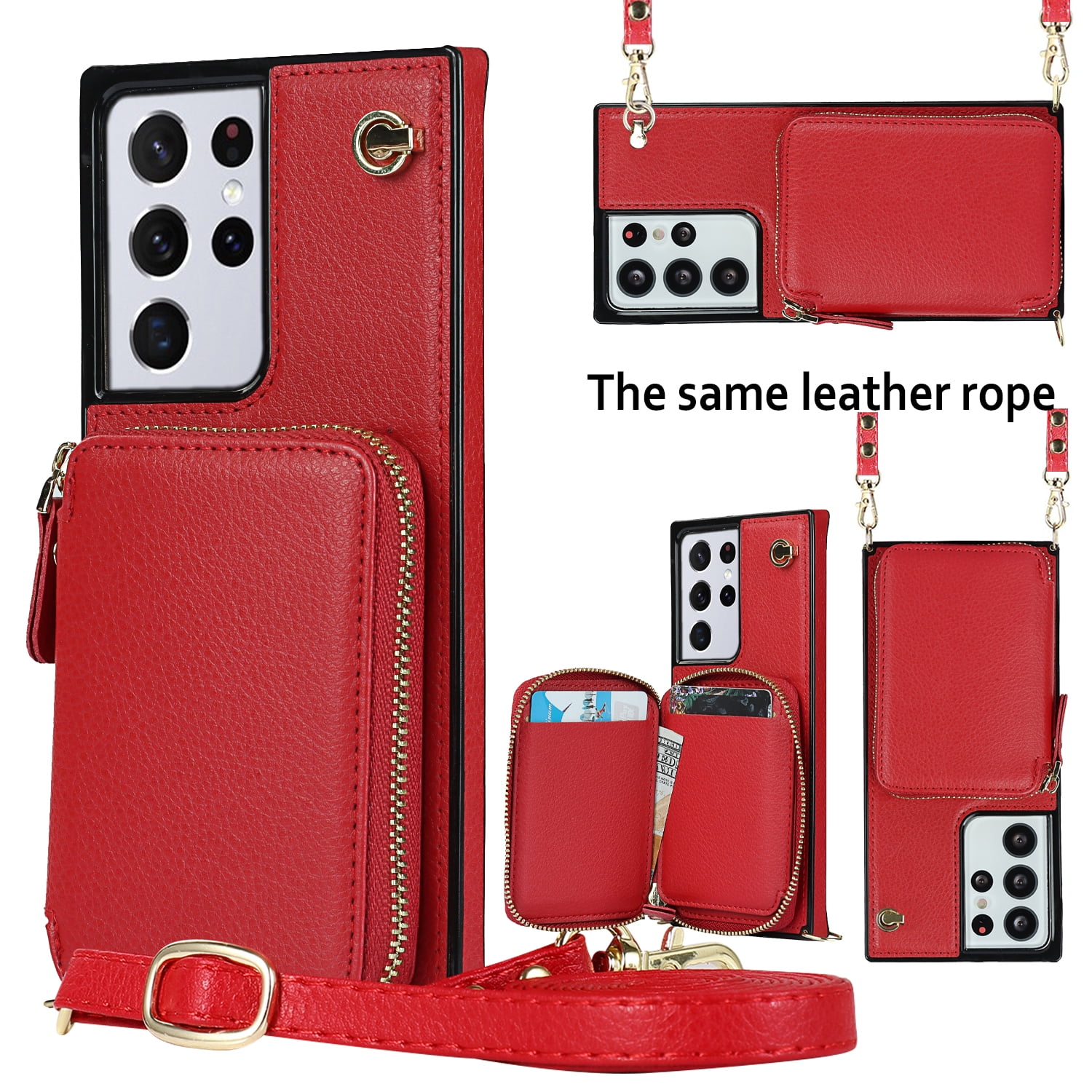 TECH CIRCLE For Galaxy S9 Wallet Case,Card Holder Phone Case for Women, Zipper PU Leather Purse Kickstand Folio Flip Case with Crossbody Strap for Samsung Galaxy S9 5.8" 2018,Red