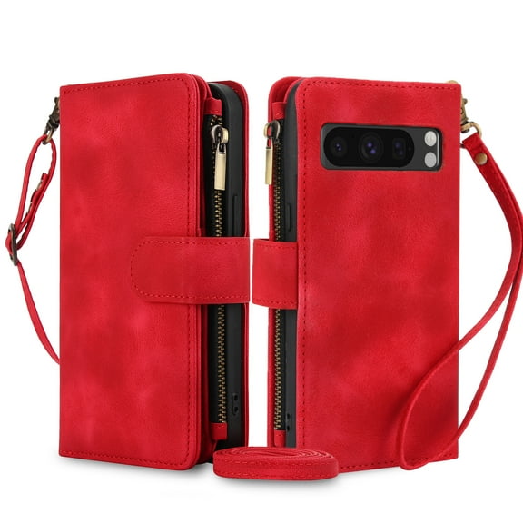 TECH CIRCLE For Google Pixel 6a Case with Card Holder,PU Leather Zipper Pocket Flip Folio Wallet Case with Crossbody Wrist Strap Kickstand Protective Case for Google Pixel 6A 5G 6.1" 2022,Red