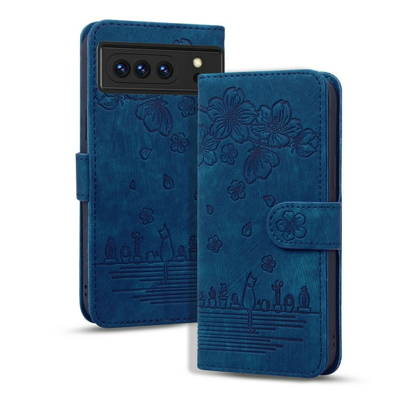TECH CIRCLE For Google Pixel 6a Wallet Case,PU Leather Embossed Flower Folding Folio Case Cards Holder Anti-Scratch Shockproof Protective Bumper Cover For Google Google Pixel 6A 5G 6.1" 2022,Blue