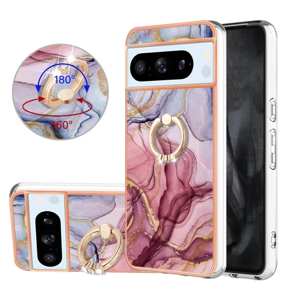 TECH CIRCLE For Google Pixel 7A Case,360 Rotatable Marble Pattern Shiny Ring Holder Kickstand Soft TPU Girls Women Case Shockproof Protective Phone Case for Google Pixel 7A 6.1" 2023,Rose