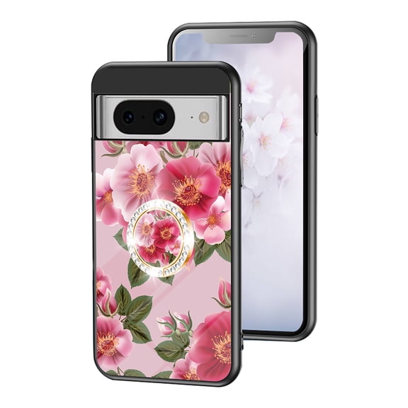 TECH CIRCLE For Google Pixel 8 6.2" Case, Elegant Flower Pattern Case with Diamond Ring Holder Support Magnetic Car Mount Shockproof Luxury Glossy Glass Slim Phone Women Girls Case for Google Pixel 8