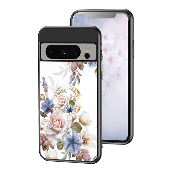 TECH CIRCLE For Google Pixel 8 Pro Case, Elegant Flower Case with Diamond Ring Holder Support Magnetic Car Mount Shockproof Luxury Glossy Glass Slim Phone Women Girls Case for Google Pixel 8 Pro