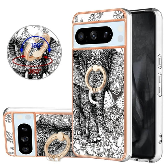 TECH CIRCLE For Google Pixel 8 Pro Case with Stand,360 Rotatable Shiny Ring Holder Kickstand Soft TPU Girls Women Case Shockproof Protective Phone Case for Google Pixel 8 Pro 6.7" 2023,Elephant