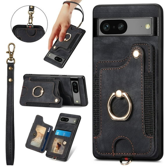 TECH CIRCLE For Google Pixel 8 Wallet Case ,Luxury PU Leather Card Holder Cash Slot RFID Blocking Shockproof Protective Case Cover with 360° Ring Kickstand Wristband for Google Pixel 8 2023,Black