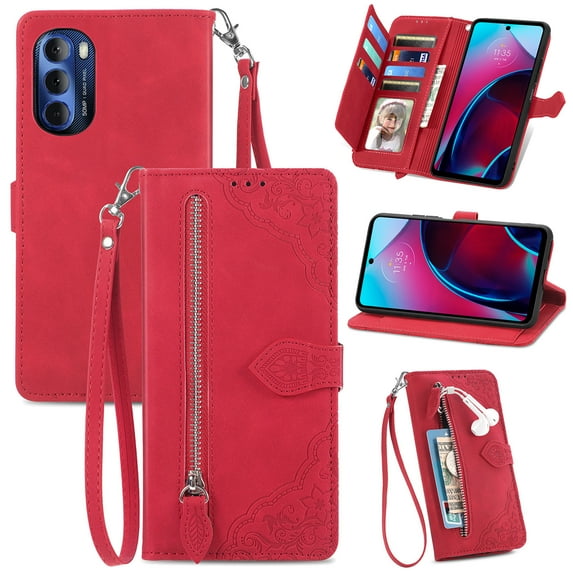 TECH CIRCLE For Motorola Edge 30 Neo Wallet Case,Embossed Flower PU Leather Folio Flip Protective Zipper Wrist Strap RFID Blocking Card Holder Stand Case for Moto Edge 30 6.28" 2022,Red