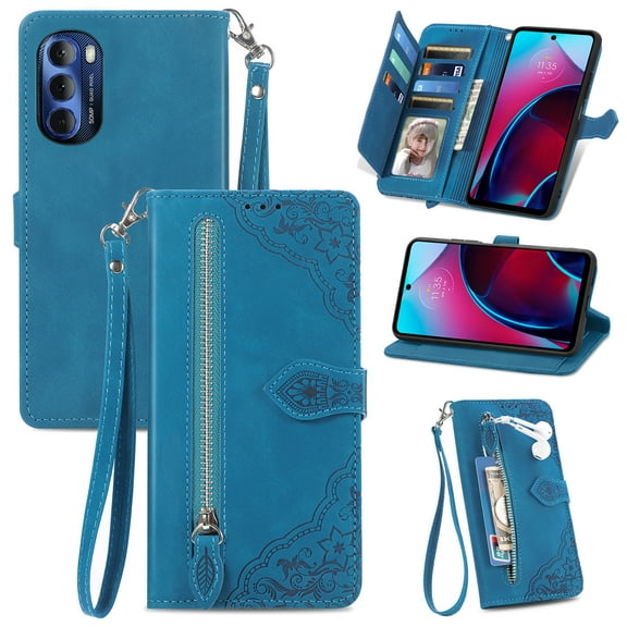 TECH CIRCLE For Motorola Moto G31 Wallet Case,Embossed Flower PU Leather Folio Flip Protective Zipper Wrist Strap RFID Blocking Card Holder Stand Case for Moto G31 6.4" 2021,Blue