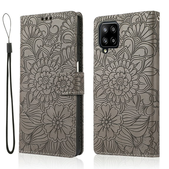 TECH CIRCLE For Samsung Galaxy A52 Wallet Case,PU Leather Embossed Flower Folding Folio Case Cards Holder Lanyard Anti-Scratch Shockproof Bumper Cover Case For Galaxy A52 4G/5G 6.5" 2021,Gray