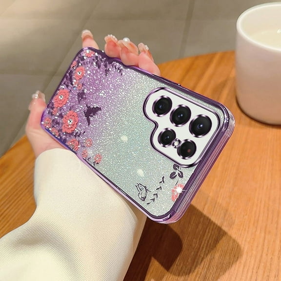 TECH CIRCLE For Samsung Galaxy S10+ Flower Case, Cute Bling Glitter Sparkle Clear Soft Silicone TPU Rubber Women Girls Floral Protective Cover for Samsung Galaxy S10 Plus 6.4" 2019,Purple