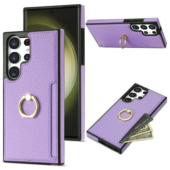 TECH CIRCLE For Samsung Galaxy S21 FE Case,PU Leather Slim Card Slots Case 360°Rotatable Ring Kickstand Shockproof Protective Women Men Case for Samsung Galaxy S21 FE 6.4" 2022,Purple