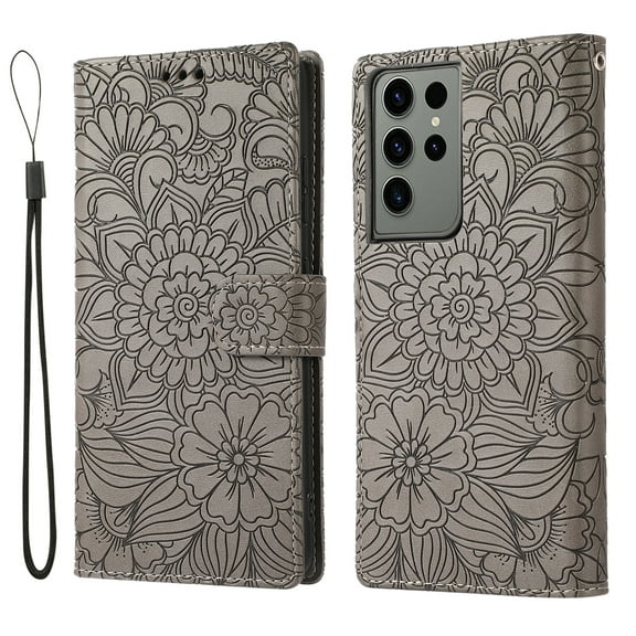 TECH CIRCLE For Samsung Galaxy S22 Plus Wallet Case,PU Leather Embossed Flower Folding Folio Case Cards Holder Lanyard Anti-Scratch Shockproof Bumper Cover Case For Galaxy S22 Plus 6.6" 2022,Gray