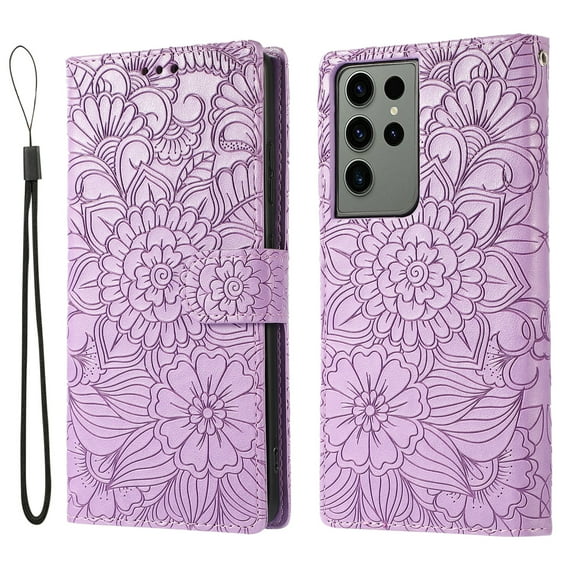 TECH CIRCLE For Samsung Galaxy S22 Wallet Case,PU Leather Embossed Flower Folding Folio Case Cards Holder Lanyard Anti-Scratch Shockproof Bumper Cover Case For Galaxy S22 6.1" 2022,Purple