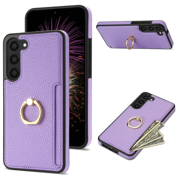 TECH CIRCLE For Samsung Galaxy S23 Case,PU Leather Slim Money Slots Case 360°Rotatable Ring Kickstand Shockproof Protective Women Men Case for Samsung Galaxy S23 6.1" 2023,Purple