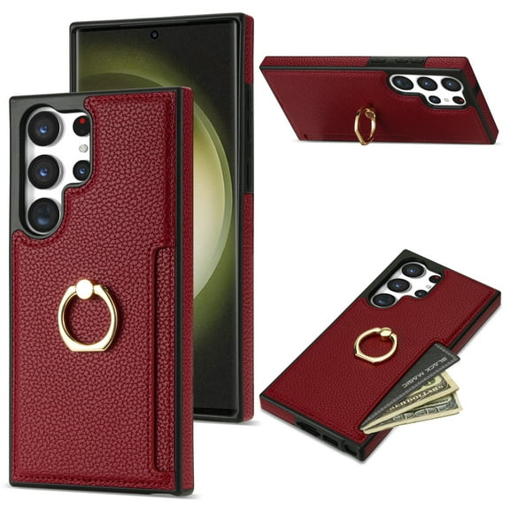 TECH CIRCLE For Samsung Galaxy S23 FE Case,PU Leather Slim Card Slots Case 360°Rotatable Ring Kickstand Shockproof Protective Women Men Case for Samsung Galaxy S23 FE 6.4" 2023,Red