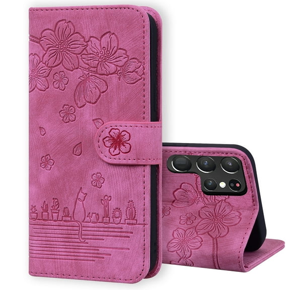 TECH CIRCLE For Samsung Galaxy S23 Ultra Wallet Case,PU Leather Embossed Flower Folding Folio Case Cards Holder Anti-Scratch Shockproof Protective Bumper Cover For Samsung Galaxy S23 Ultra 2023,Rose