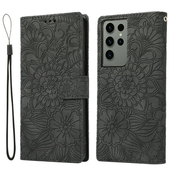 TECH CIRCLE For Samsung Galaxy S24 Plus Wallet Case,PU Leather Embossed Flower Folding Folio Case Cards Holder Lanyard Anti-Scratch Shockproof Bumper Cover Case For Galaxy S24 Plus 6.6" 2024,Black