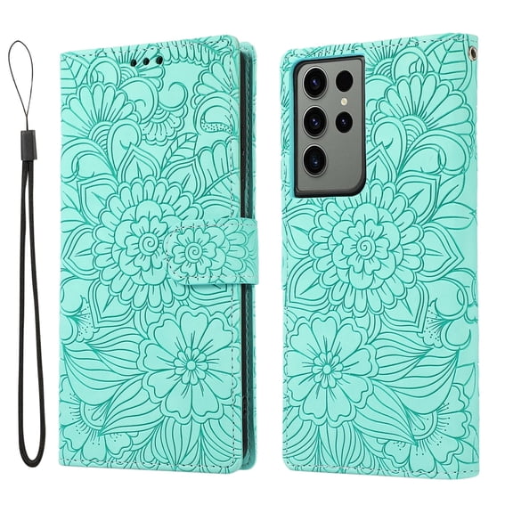 TECH CIRCLE For Samsung Galaxy S24 Wallet Case,PU Leather Embossed Flower Folding Folio Case Cards Holder Lanyard Anti-Scratch Shockproof Bumper Cover Case For Galaxy S24 6.1" 2024,Green