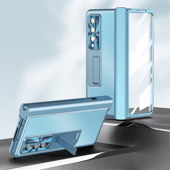 TECH CIRCLE For Samsung Galaxy Z Fold 3 Built-in Tempered Glass Front Film Case,Luxury Lychee Pattern PU Magnetic Kickstand Hinge Anti-Scratch Full Protection Cover with S Pen Holder.Blue