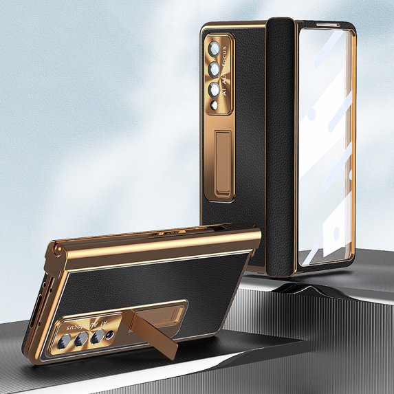 TECH CIRCLE For Samsung Galaxy Z Fold 3 Built-in Tempered Glass Front Film Case,Luxury Lychee Pattern PU Magnetic Kickstand Hinge Anti-Scratch Full Protection Cover with S Pen Holder.Gold&Black