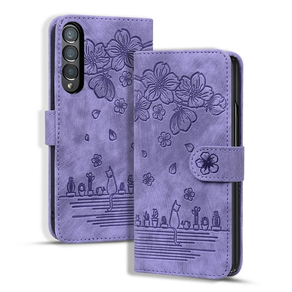 TECH CIRCLE For Samsung Galaxy Z Fold 3 Wallet Case,PU Leather Embossed Flower Folding Folio Case Cards Holder Anti-Scratch Shockproof Protective Bumper Cover For Samsung Galaxy Z Fold 3 2021,Purple