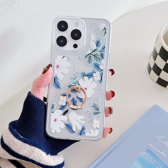 TECH CIRCLE For iPhone 12 Pro / 12 6.1" Case, 360 Rotating Ring Holder Kickstand Soft Slim Shockproof Protective TPU Girls Women Clear Cute Case for Apple iPhone 12 Pro/iPhone 12,Flower