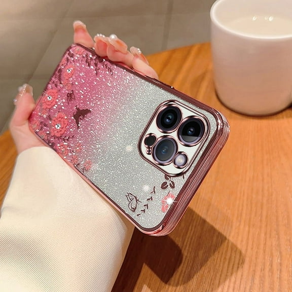 TECH CIRCLE For iPhone 13 Flower Case, Cute Bling Glitter Sparkle Clear Soft Silicone TPU Rubber Women Girls Floral Protective Cover for Apple iPhone 13 6.1" 2021,Pink