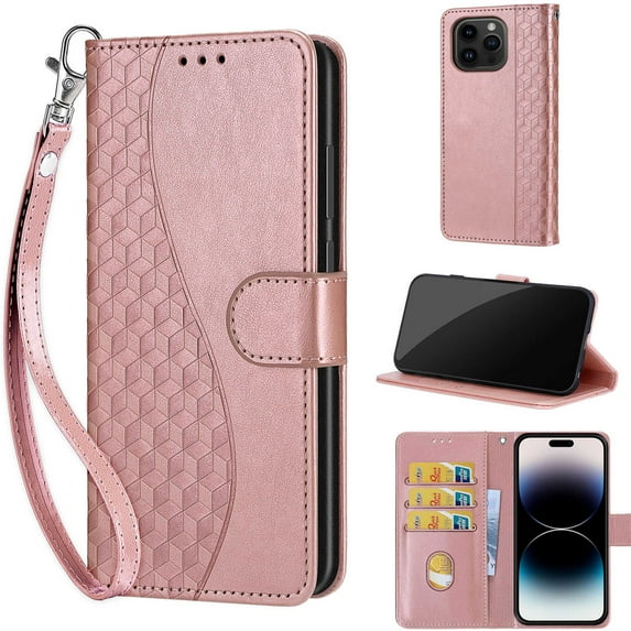 TECH CIRCLE For iPhone 13 Pro Wallet Case,Folio Flip Kickstand Shockproof Protective PU Leather Cover with Card Slot Cash Pocket Carrying Wrist Strap for Apple iPhone 13 Pro 6.1" 2021,Rosegold