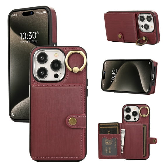 TECH CIRCLE For iPhone 13 Wallet Case with Card Holder, 360°Rotation Ring Stand RFID Blocking Snap Button Shockproof Protective PU Leather Case for iPhone 13 6.1" 2021,Darkred