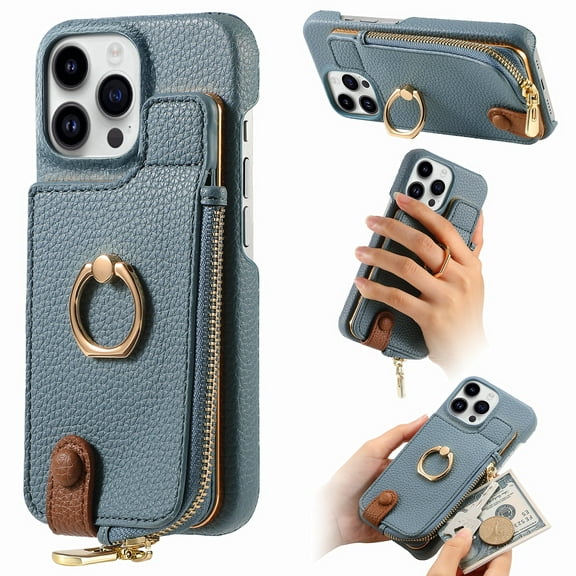 TECH CIRCLE For iPhone 14 Pro Case with Card Holder,Slim Stand PU Leather Zipper Wallet Case with Rotation Ring Holder Shockproof Protective Case for Apple iPhone 14 Pro 6.1" 2022,Blue