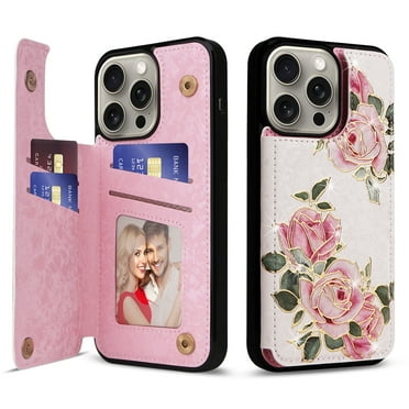 TECH CIRCLE For iPhone 14 Pro Max Wallet Case with Card Holder,PU Leather Kickstand Flower Case Magnetic Clasp Kickstand Shockproof Protective Cover for Apple iPhone 14 Pro Max 6.7" 2022,Pink Rose