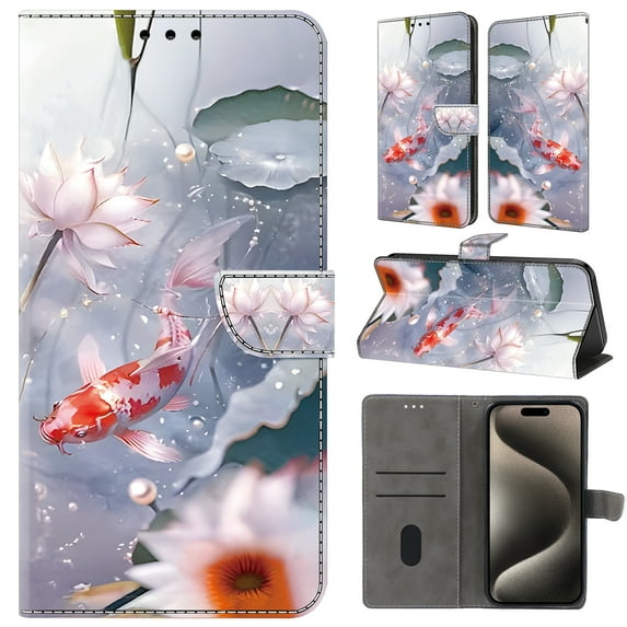 TECH CIRCLE For iPhone 15 Case,Premium PU Leather Funny Pattern Flip Wallet Case Cover with Card Slots Kickstand Women Girls Case for Apple iPhone 15 6.1" 2023,Fish