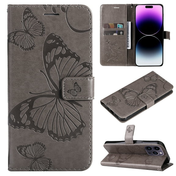 TECH CIRCLE For iPhone 15 Plus Wallet Case,Butterfly Embossed PU Leather Flip case Cover Stand Feature with Wrist Strap and Card Holder Protective Phone Case for Apple iPhone 15 Plus 6.7" 2023,Gray