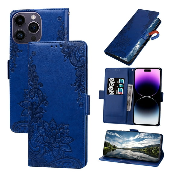 TECH CIRCLE For iPhone 15 Pro Max Wallet Case,PU Leather Protective Phone Case Wrist Strap Card Slots Holder Embossed Lace Flower Stand Flip Case for Apple iPhone 15 Pro Max 6.7" 2023,Darkblue