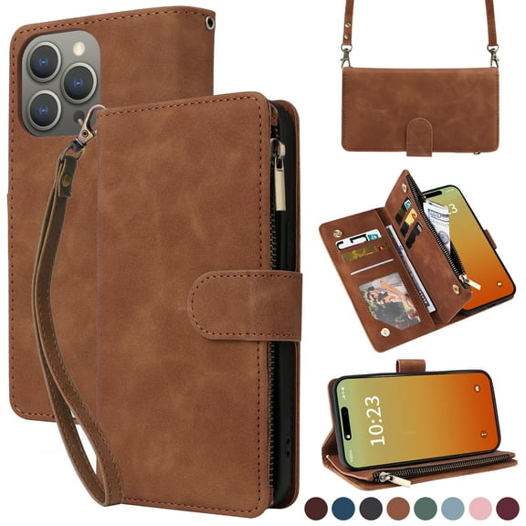 TECH CIRCLE For iPhone 15 Pro MaxCase Wallet,Retro PU Leather Crossbody Wristlet Strap Flip Case with Card Holder Magnetic Closure Kickstand Zipper Pocket case forApple iPhone 15 Pro Max 6.7",Brown