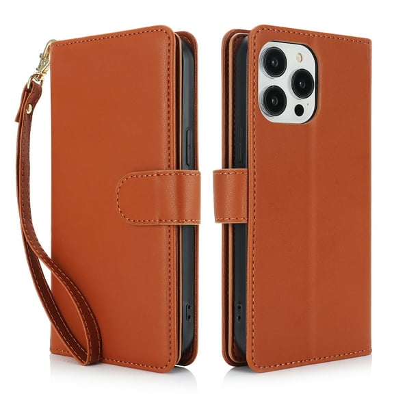 TECH CIRCLE For iPhone 15 Pro Wallet Case with Card Holder,PU Leather Flip Folio Shell Magnetic Closure Wrist Strap Kickstand Shockproof Protective Cover for Apple iPhone 15 Pro 6.1" 2023,Brown