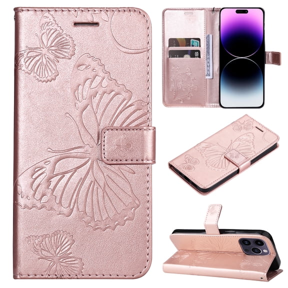 TECH CIRCLE For iPhone 15 Wallet Case,Butterfly Embossed PU Leather Flip case Cover Stand Feature with Wrist Strap and Card Holder Protective Phone Case for Apple iPhone 15 6.1" 2023,Rosegold