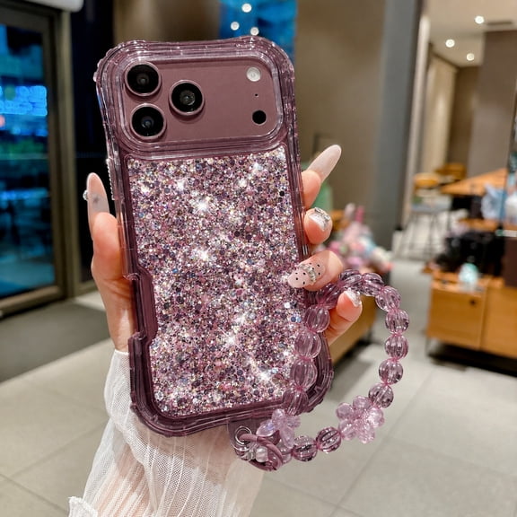 TECH CIRCLE For iPhone 18 Pro Back Cover Case with Glitter Wrist Strap and Shock-Absorbent PC+TPU Design,Cherryred