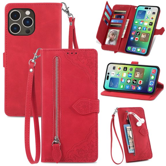 TECH CIRCLE For iPhone 6s/6 Wallet Case,Embossed Flower PU Leather Folio Flip Protective Zipper Wrist Strap RFID Blocking Card Holder Stand Case for Apple iPhone 6s/6 4.7",Red
