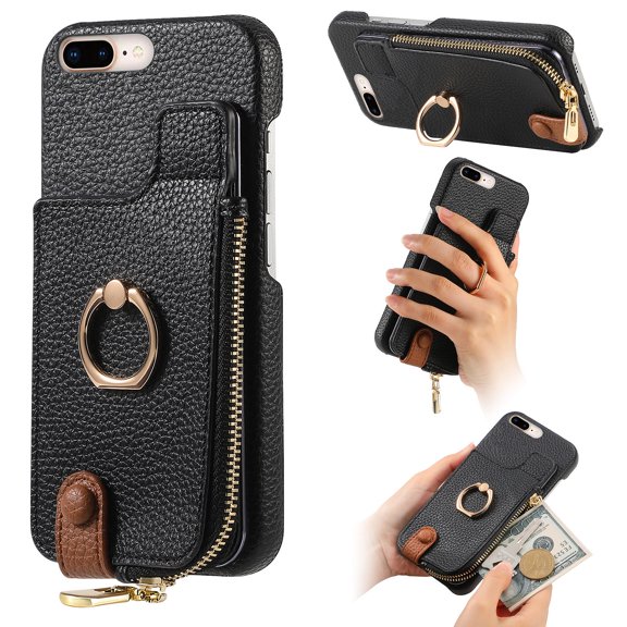 TECH CIRCLE For iPhone 7 / 8 / SE Case with Card Holder,Slim Stand PU Leather Zipper Wallet Case with Rotation Ring Holder Shockproof Protective Case for Apple iPhone 7 8 SE 2022 4.7",Black