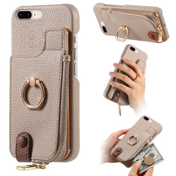 TECH CIRCLE For iPhone 7 / 8 / SE Case with Card Holder,Slim Stand PU Leather Zipper Wallet Case with Rotation Ring Holder Shockproof Protective Case for Apple iPhone 7 8 SE 2022 4.7",Khaki