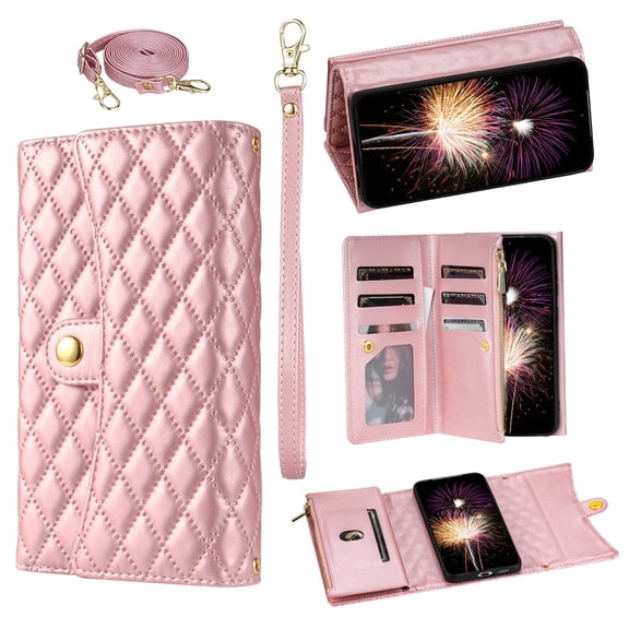 TECH CIRCLE For iPhone 8 Plus/7 Plus Case,Credit Card Holder Zipper Book Flip Kickstand PU Leather Protective Handbag Purse Cover with Wrist Strap Lanyard for Apple iPhone 8 Plus/7 Plus 5.5",Rosegold