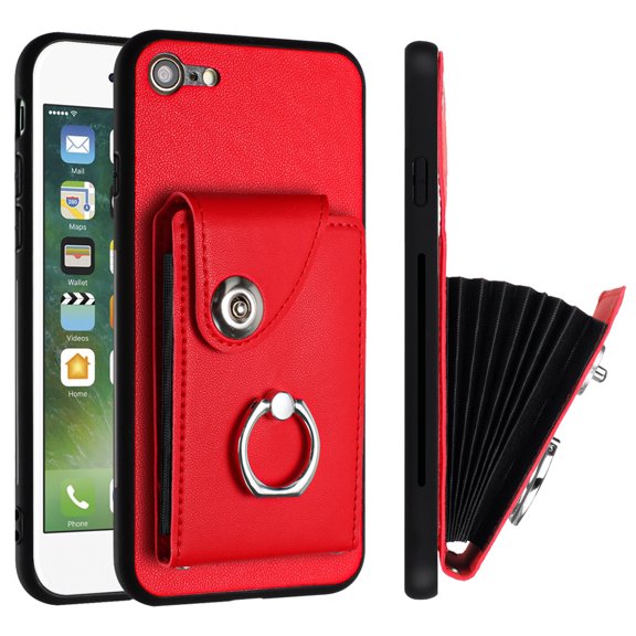 TECH CIRCLE For iPhone 8 Plus/7+ Wallet Case with Card Holder,360°Rotation Finger Ring Holder Kickstand Protective RFID Blocking PU Leather Flip Cover for Apple iPhone 8 Plus/7 Plus,Red
