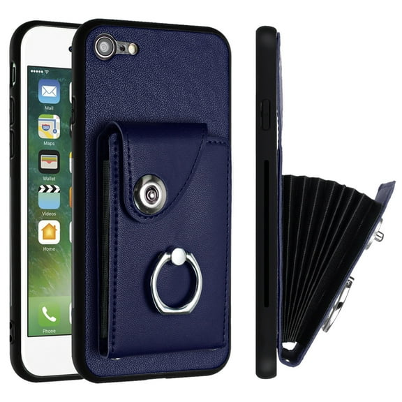 TECH CIRCLE For iPhone 8 Plus/7+ Wallet Case with Card Holder,360°Rotation Finger Ring Holder Kickstand Protective RFID Blocking PU Leather Flip Cover for Apple iPhone 8 Plus/7 Plus,Blue
