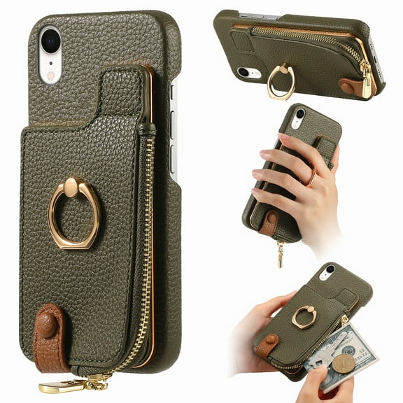 TECH CIRCLE For iPhone XS Max Case with Card Holder,Slim Stand PU Leather Zipper Wallet Case with Rotation Ring Holder Shockproof Protective Case for Apple iPhone XS Max 6.5" 2018,Armygreen