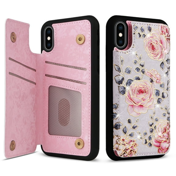 TECH CIRCLE For iPhone XS Max Wallet Case with Card Holder,PU Leather Kickstand Flower Case Magnetic Clasp Kickstand Shockproof Protective Cover for Apple iPhone XS Max 6.5" 2018,Rose