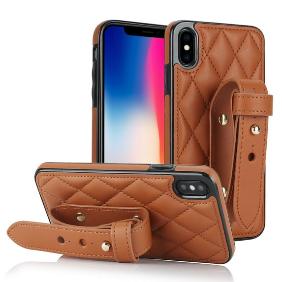 TECH CIRCLE For iPhone XS/X Case with Wrist Band, Luxury PU Leather Kickstand Full-Body Shockproof Protective Bumper Women Girl Back Cover for Apple iPhone XS/X 5.8",Brown