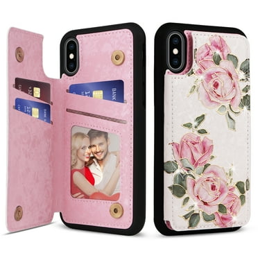 TECH CIRCLE For iPhone XS/X Wallet Case with Card Holder,PU Leather Kickstand Flower Case Magnetic Clasp Kickstand Shockproof Protective Cover for Apple iPhone XS/X 5.8",Pink Rose