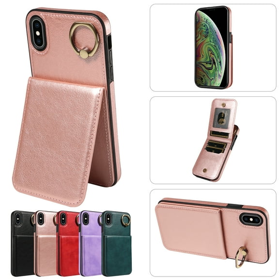 TECH CIRCLE For iPhone XS/X Wallet Case with Card Holder, Thin Slim PU Leather Finger Ring Kickstand Shockproof Protective Magnetic Women Men Phone Cover for Apple iPhone XS/X 5.8",Rosegold
