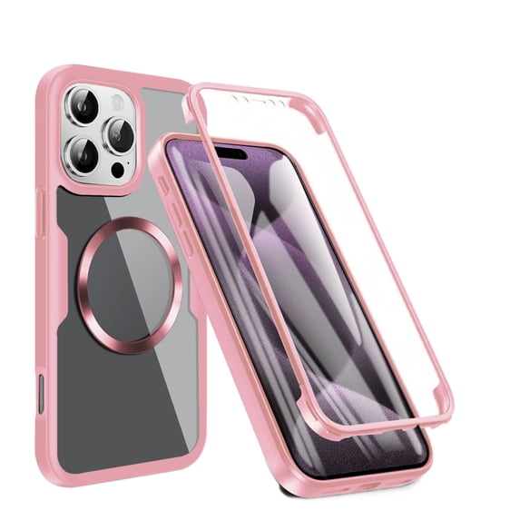 TECH CIRCLE Full Body Protection Case for iPhone 16 Pro,Magnetic Clear Case Compatible with Mag Safe Shockproof TPU+PC Cover Built-in Screen Protector for iPhone 16 Pro,Pink