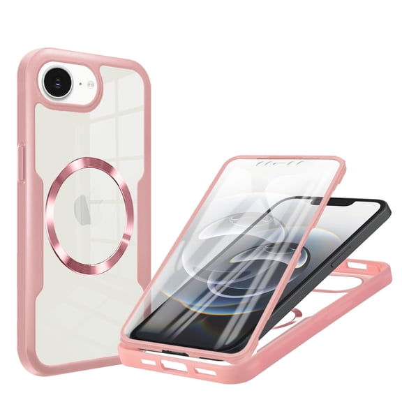 TECH CIRCLE Full Body Protection Case for iPhone 16e,Magnetic Clear Case Compatible with Mag Safe Shockproof TPU+PC Cover Built-in Screen Protector for iPhone 16e,Pink